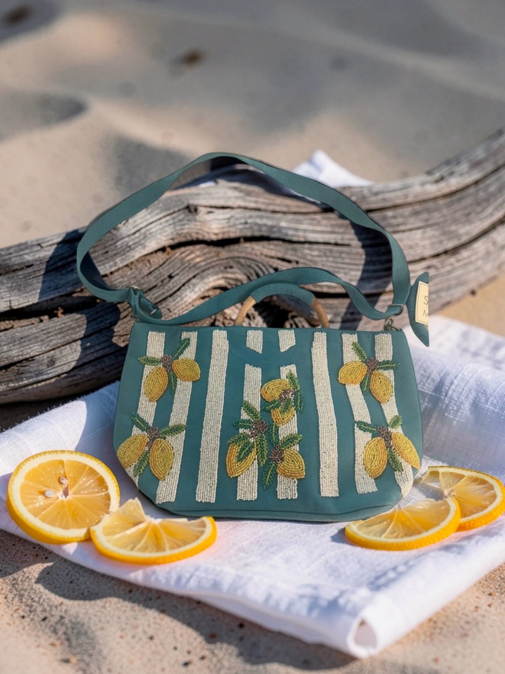 Teal Beaded Lemon Stripe Tote Bag